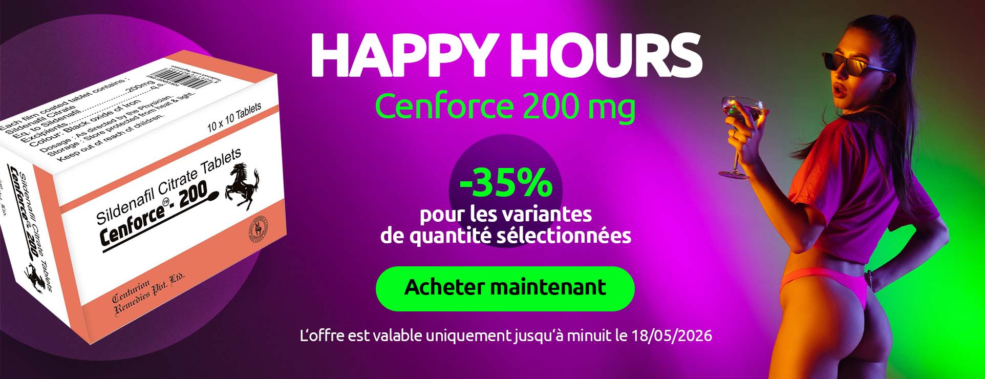 Bannière promotionnelle Happy Hours avec Cenforce 200 mg et 35 % de réduction