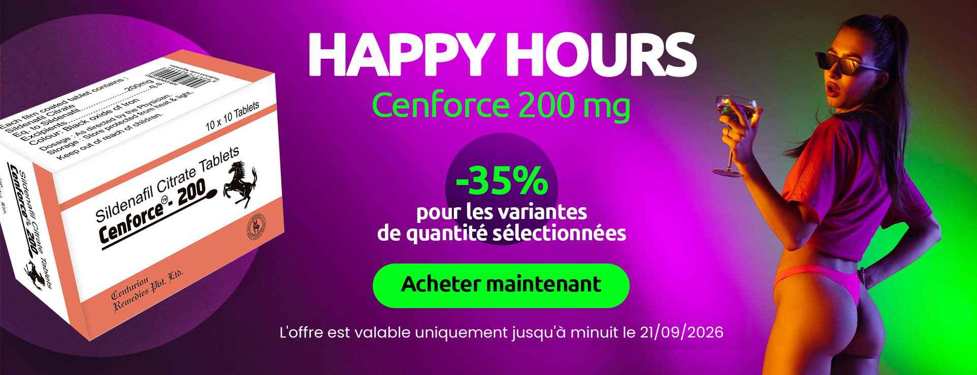 Bannière promotionnelle Happy Hours avec Cenforce 200 mg et 35 % de réduction