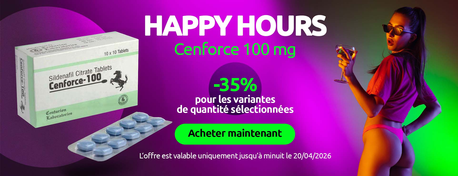 Bannière promotionnelle Happy Hours avec Cenforce 100 mg et 35 % de réduction