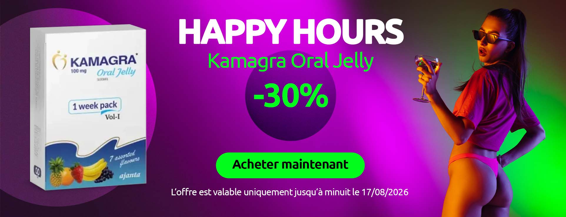 Bannière promotionnelle Happy Hours avec Kamagra Oral Jelly 100 mg et 30 % de réduction