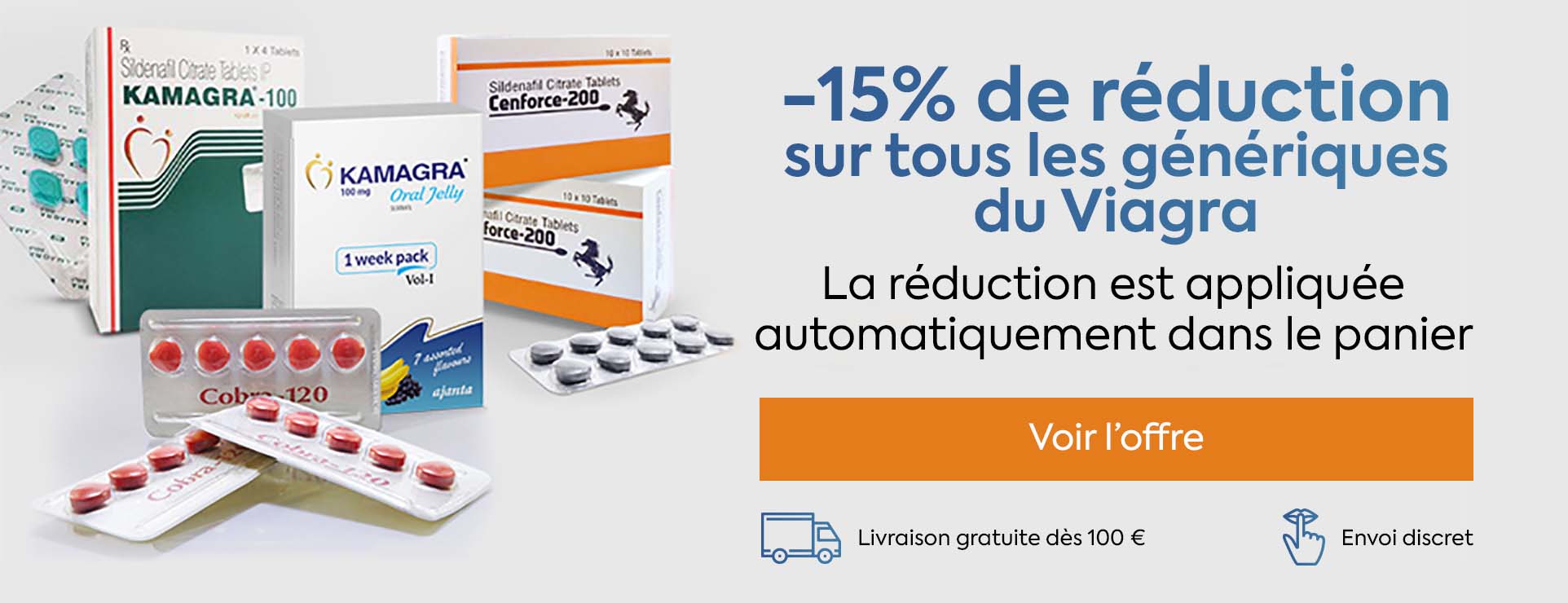 Bannière promotionnelle avec 15 % de réduction sur les génériques du Viagra